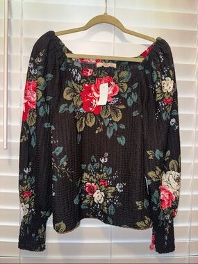 NWT LOFT Floral Peasant Blouse - Black with Red & Cream Roses, Med
